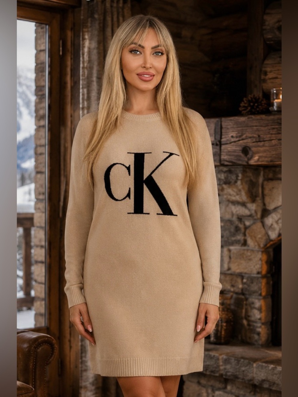 Calvin Klein Tan Logo Long-Sleeve Knit Dress